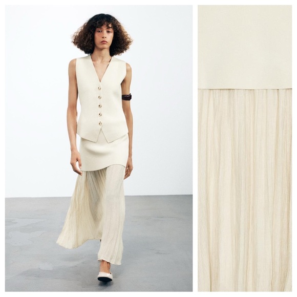 Zara Dresses & Skirts - NWT. Zara Mid-Ecru Pleated Semi-Sheer Midi Skirt. Size L.